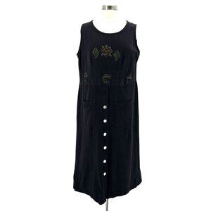 Vintage Blue Cactus Womens Large Dress Linen Blend Sleeveless Jumper Boho Black